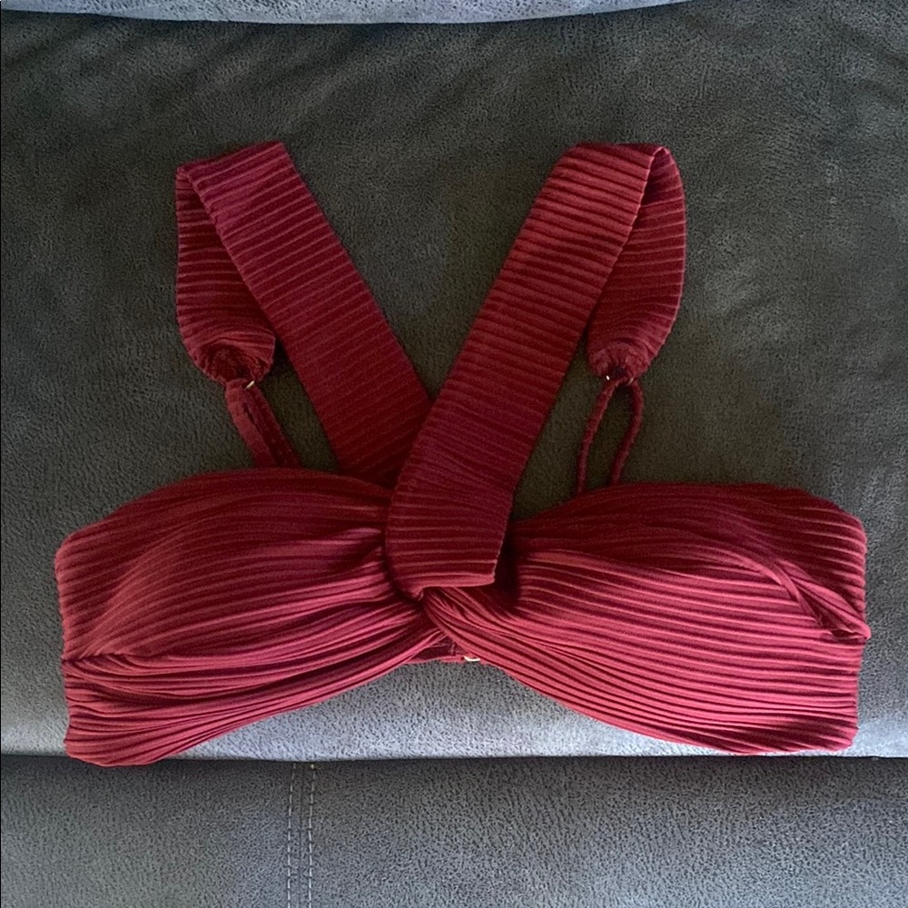 Burgundy Ribbed Cross-Back Bikini Top